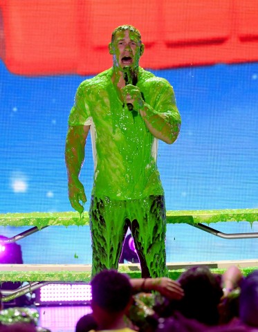 Host John Cena gets slimed onstage at Nickelodeon's 2018 Kids' Choice Awards at the Forum on March 2 ... 