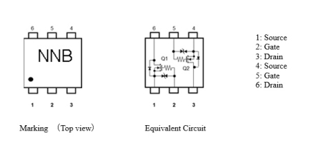 Toshiba: Marking and equivalent circuits of a dual MOSFET "SSM6N813R." (Graphic: Business Wire)