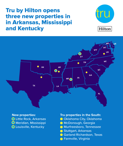 Tru by Hilton welcomes three new properties in the southern U.S., joining six existing locations in this region. (Graphic: Business Wire)