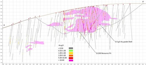 NW-SE Longitudinal Section through Main Peak Deposit. Note: Viewer looking to the northeast (along azimuth 045 degrees). The larger pink blobs are 0.5 gpt gold blocks. (Graphic: Business Wire)