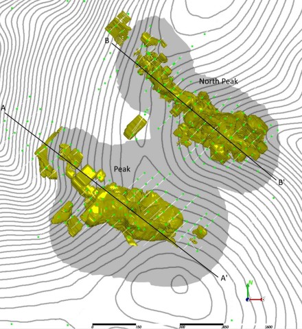 Plan View Map showing Gold Resource Blocks at Peak and North Peak. Note: 0.5 grams per tonne gold cutoff, in gold color with the light gray shading indicating the open pit limits using a $1200/oz gold price. The drill collars are the green dots with the drill hole traces in the white lines. (Graphic: Business Wire)