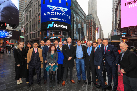 The Arcimoto (NASDAQ: FUV) management team commemorates ringing the Nasdaq Closing Bell on April 3, 2018 in Times Square, New York. Photography by Kelsey Ayres/Nasdaq, Inc.