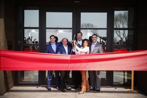 Nearly two years after breaking ground, today Lux Row Distillers marked its grand opening with a special ribbon-cutting ceremony on its 90-acre property in the heart of Bardstown, Kentucky. Pictured from left to right: Andrew Lux; Donn Lux, Chairman & CEO of Luxco; Michele Lux, Creative Director of Lux Row Distillers; David Bratcher, President & COO of Luxco; and Philip Lux. (Photo: Business Wire)