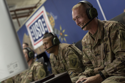 Troops playing Call of Duty: WWll. USO Photo by Joe Lee