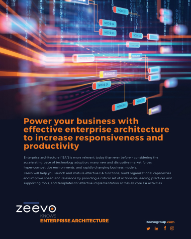 Zeevo will help you launch and mature effective EA functions, build organizational capabilities and improve speed and relevance by providing a critical set of actionable leading practices and supporting tools, and templates for effective implementation across all core EA activities. (Photo: Business Wire)