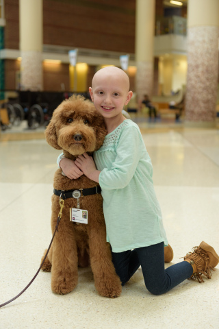 Five-year-old Piper Lyon, a patient at Riley Hospital for Children, cuddles with Quigley, a therapy dog who comforted her throughout her treatment for Burkitt Lymphoma. Today, PetSmart Charities, the leading funder of animal welfare in North America, announced a $175,000 grant to Riley Hospital for Children in Indianapolis to expand and enhance its Pet Therapy Program. (Photo: Business Wire)