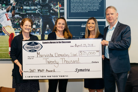 Symetra and the Seattle Seahawks awarded Marvista Elementary School in Normandy Park, Washington, with the 2017 Symetra Heroes in the Classroom® “MVP Award.” The $20,000 grant will fund an innovative student achievement program—“Calm Classrooms”— focused on providing tools and supports for students to use inside the classroom to help regulate emotions and energy in order to maintain an optimal learning environment for all. (Pictured left to right: Tracy Wort, Symetra Community Relations; Jennevieve Acosta, 2017 Symetra Heroes in the Classroom honoree and Marvista Elementary School teacher; Michelle Pointer, principal, Marvista Elementary School; Mike Flood, VP, Community Outreach, Seattle Seahawks.)  (Photo: Business Wire)
