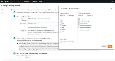 Metric and log collection is easily configured in one easy interface within Splunk Insights for Infrastructure.  (Photo: Business Wire)