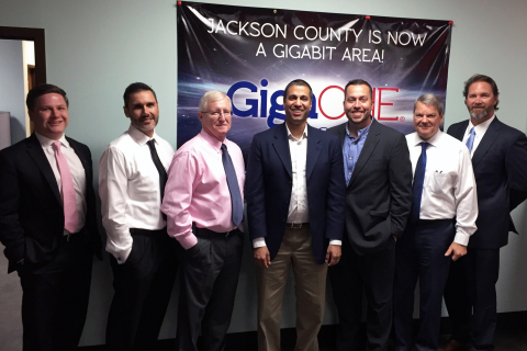 Pictured (l to r): Patrick Large, Deputy Chief of Staff for Representative Steven Palazzo (R-Mississippi); Charles McDonald, Cable ONE Sr. Vice President of Operations; Jim Duck, Cable ONE General Manager; FCC Chairman Ajit Pai; Charlie Oakes, Cable ONE General Manager; Greg Capranica, Cable ONE General Manager; and Scott DeLano, Chairman of Technology, Mississippi House of Representatives.