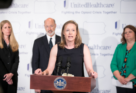 UnitedHealthcare Community Plan of Pennsylvania CEO Allison Davenport announces the donation of 10,000 opioid disposal kits to local care providers in York, Pa. UnitedHealthcare joins Pennsylvania Gov. Tom Wolf and Family First Health at the Byrnes Health Education Center to engage the community to address the deadly epidemic (Photo: Sean Simmers).
