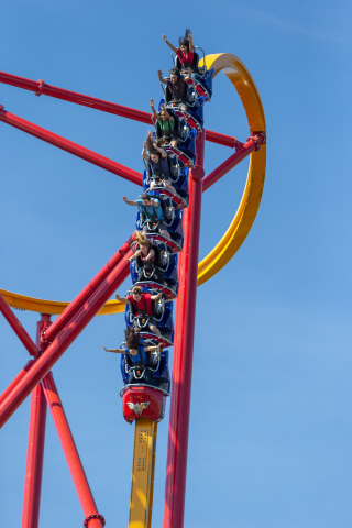 WONDER WOMAN: Golden Lasso Coaster at Six Flags Fiesta Texas features a breathtaking straight-down 90-degree drop, a first for the park. The innovative coaster also has two spectacular airtime hills, a zero-g roll, and numerous overbanked turns, all while guests travel on a slender, I-beam track no wider than 15.5 inches. (Photo: Business Wire)