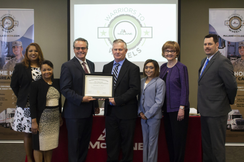 Left to Right: Roxann Griffin, Regional Veterans’ Employment Coordinator for U.S. Department of Labor; Paula Hubbard, Vice President of Human Resources at McLane; Tony Frankenberger, President of Grocery at McLane; James “Dudley” Light, State Director for the U.S. Department of Labor; Jennifer Rojas Clouse, EEO Compliance and Inclusion Manager at McLane; Susan Kamas, Executive Director of Workforce Solutions Central Texas; Rodney Smoczyk, Director of Recruitment at McLane (Photo: Business Wire)