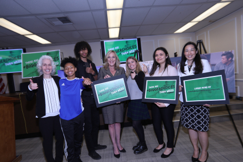(l-r) Dr. Barbara Ferrer, Angie Arellano, Elijah Gonzalez, Supervisor Kathryn Barger, Lily Larson, Sofia Almada and County CEO Sachi Hamai at today's news conference announcing the #BiggerChoices/Let'sTalkCannabisLACounty campaign to prevent youth from using marijuana. (Photo: Business Wire)
