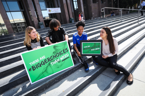(l-r) Lilly Larson, Elijah Gonzalez, Angie Arellano, and Sofia Almada on the steps of the Los Angeles County hall of administration discussing the Let's Talk Cannabis LA County campaign. (Photo: Business Wire)