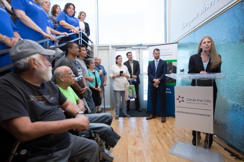 UnitedHealthcare Community & State CEO Heather Cianfrocco announces a $1 million partnership grant from United Health Foundation to fund operations at Circle the City’s new Medical Respite Center on the Maricopa Human Services Campus (Photo courtesy of Robert Farthing, Riester Public Relations).