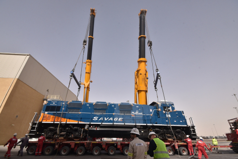 One of two Tier-3 compliant, low emissions locomotives owned by Savage Saudi Arabia and delivered from the United States to support Saudi Aramco operations in the Jubail area. (Photo: Business Wire)