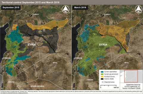 Syria territorial control September 2015 - March 2018 (Photo: Business Wire)