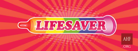 LIFESAVER: The artwork and symbol for AHF’s 2018 Pride season features a rendering of an unfurled condom (horizontal, with no human or body visible) placed on a colorful red background. The condom has six multi-colored bands of color echoing the iconic rainbow flag, a symbol used by LGBTQ communities for decades AND it also evokes or suggests a roll of equally iconic Lifesaver candies. (Graphic: Business Wire)