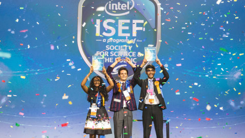 From left: Meghana Bollimpalli, Oliver Nicholls and Dhruvik Parikh celebrate on Friday, May 18, 2018, at the 2018 Intel International Science and Engineering Fair, a program of Society for Science & the Public and the world’s largest international pre-college science competition. Nicholls, of Sydney, Australia, was awarded first place for designing and building a prototype of an autonomous robotic window cleaner for commercial buildings. Bollimpalli, of Little Rock, Arkansas, and Parikh, of Bothell, Washington, received Intel Foundation Young Scientist Awards. (Photo: Intel Corporation)