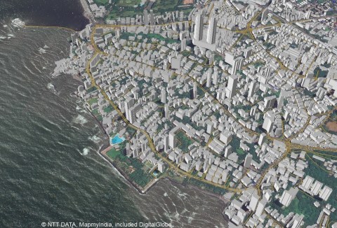 Example 3D map of Mumbai, India that will be offered in the new AW3D India dataset (view from ocean) (Graphic: Business Wire)