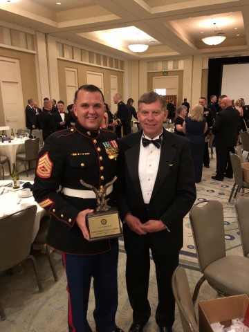 GySgt Jonathon E. Thornton, Marine Wing Support Squadron - 372, is the recipient of the Jack W. Demmond award for Aviation Ground Marine of the Year. Presented by John Scheiner, Orbital ATK, 19 May 2018 at the MCAA National Convention and Reunion. (Photo: Business Wire)