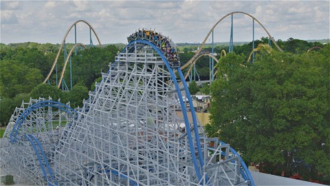 An aerial view of the all-new Twisted Cyclone wood and steel roller coaster now open at Six Flags Over Georgia. The 50 mile-per-hour coaster sends riders 100 feet into the air, then drops thrill-seekers at an insanely steep 75 degree angle into a 360-degree zero gravity roll, through three hair raising inversions and 10 airtime moments. (Photo: Six Flags Over Georgia)