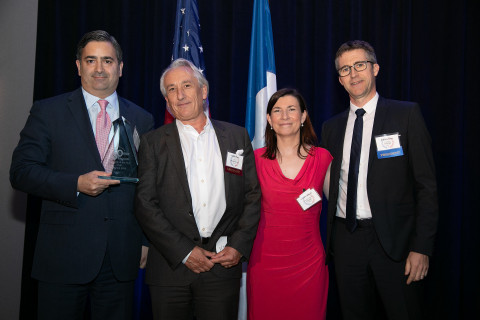 Pictured from left to right: 2018 French American Business Award winner Nader Yaghoubi, President, CEO and Co-Founder, PathMaker Neurosystems, Patrick Tricoli, CEO, Nanobiotix USA, Ludivine Wolczik, FACCNE Executive Director, and Patrick Bian, FACCNE President
