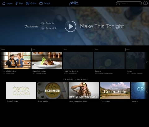 Today TV streaming service Philo brings Tastemade to new and existing subscribers, with Cheddar Big New and PeopleTV coming soon. (Photo: Business Wire)