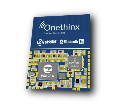 Pictured is a module by Onethinx for smart city applications featuring Cypress' PSoC 6 BLE microcont ... 