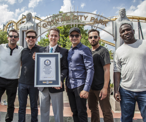 (L-r) JON HAMM, ED HELMS, PHILIP ROBERTSON from Guinness World Records, JEREMY RENNER, JAKE JOHNSON and HANNIBAL BURESS at Six Flags Over Texas after successfully breaking the Guinness World Records title for the largest game of freeze tag. (Photo: Kim Leeson)