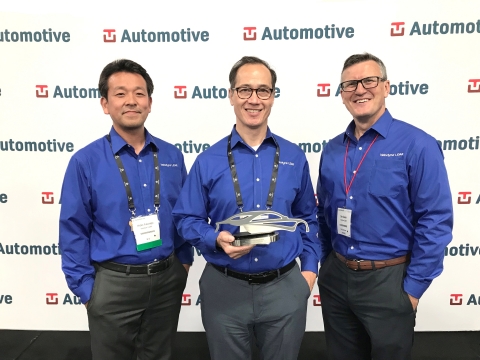 Hideo Fukunaga (left), John Eggert (center) and Dan Cowan (right) of Velodyne LiDAR accept Industry Choice Company of the Year Award at TU-Automotive Detroit Conference. (Photo: Business Wire)