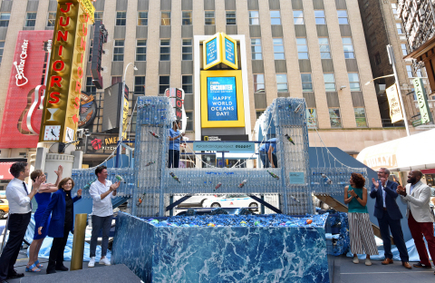 In celebration of World Oceans Day, Dopper Foundation and National Geographic Encounter unveiled a replica of the Brooklyn Bridge in Times Square made with 5,000 recycled single-use plastic water bottles to turn the tide on plastic pollution through art and education. (Pictured L to R: New York State Senator Brad Holyman; Lisa Truitt, SPE Partners; Dr. Sylvia Earle, celebrated marine biologist and National Geographic Explorer-In-Residence; Merjin Everaarts, Founder, Dopper Foundation; Asher Jay, Artist; John Campbell, National Geographic Partners; Mark Chambers, Director of the NYC Mayor’s Office of Sustainability)(Photo by Diane Bondareff)
