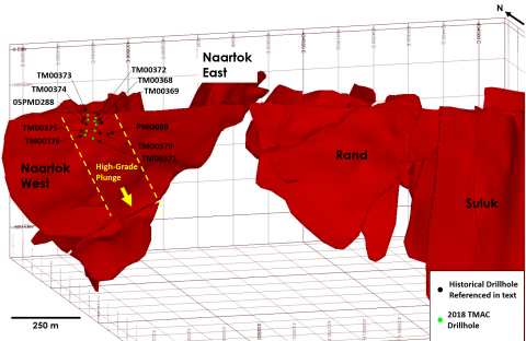 FIGURE 3: MADRID NORTH DEPOSIT 3D VIEW SHOWING LOCATION OF 2018 DRILLHOLES AND SELECT HISTORICAL HOLES WITHIN THE NAARTOK WEST ZONE. (Photo: Business Wire)