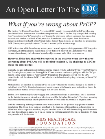 AHF is revisiting and renewing its 2014 open letter advertisement targeting the CDC with the question “CDC: What if You’re Wrong on PrEP?” in light of a new Australian study clearly tying PrEP use to a decrease in condom use. (Graphic: Business Wire)