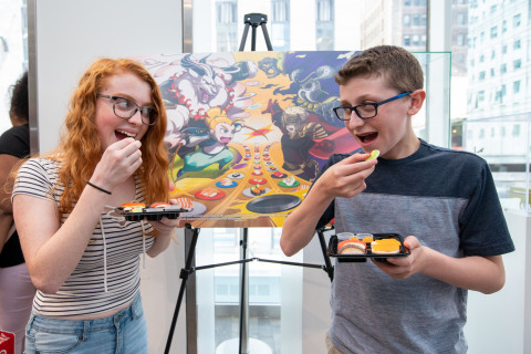 In this photo provided by Nintendo of America, Madison M., age 17, and Jackson M., age 13, celebrate International Sushi Day during a special event at the Nintendo NY store in Rockefeller Plaza by enjoying delicious sushi – just like the main character in the new Sushi Striker: The Way of Sushido game. An action-packed puzzle game that’s all about matching plates and eating sushi, Sushi Striker: The Way of Sushido is now available for the Nintendo Switch system and in 2D for the Nintendo 3DS family of systems. A free demo is also available in Nintendo eShop on Nintendo Switch – perfect for International Sushi Day on June 18! (Photo: Business Wire)