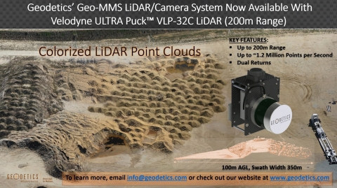 Geodetics Geo-MMS™ LiDAR/Camera mapping system is now available with Velodyne's ULTRA Puck™ VLP-32C LiDAR sensor. (Photo: Business Wire)