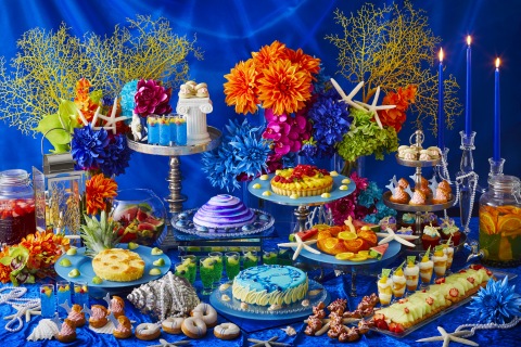 A wide range of colorful desserts based on the deep blue color and patterned after various sea creat ... 