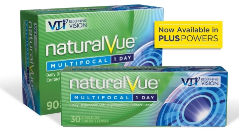 At AOA Visioneering Technologies Inc. announced the availability of NaturalVue® Multifocal 1 Day Contact Lenses in Plus Powers.  The expansion gives NaturalVue Multifocal (NVMF) the most extensive power range available in 0.25 D steps of any daily disposable soft multifocal contact lens. (Photo: Business Wire)