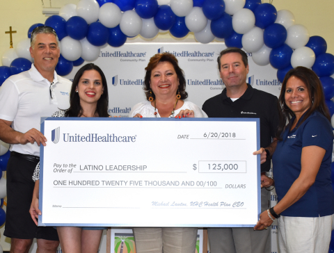 UnitedHealthcare Community Plan of Florida donated $125,000 to support Latino Leadership's programs that help families affected by Hurricane Maria relocate from Puerto Rico to Central Florida. Left to right: Joe Angelastro, Latino Leadership board director; Marucci Guzman, executive director, Latino Leadership; Marytza Sanz, president and CEO, Latino Leadership; Michael Lawton, CEO, UnitedHealthcare Community Plan of Florida Lenys Alcoreza, VP-National Sales, UnitedHealthcare Community Plan (Photo: Jonathan Avila).