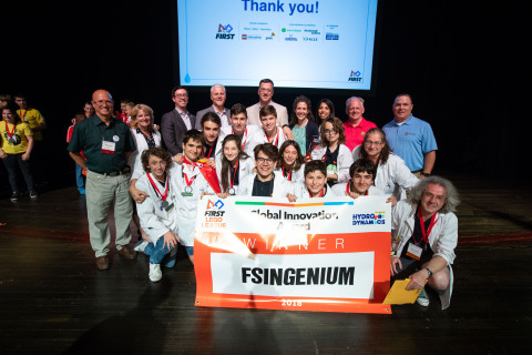 FSINGENIUM, a FIRST® LEGO® League team from Pamplona, Spain, poses after winning the Global Innovati ... 