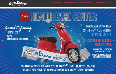 To raise awareness about the free HIV/AIDS services, individuals can get a free, rapid, 1-minute HIV test at the Out of the Closet thrift store before Monday to register and enter to win a 2018 Vespa Scooter. (Graphic: Business Wire)