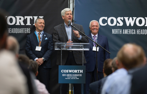 Cosworth CEO Hal Reisiger, Governor Rick Snyder and Cosworth Co-Owner Jerry Forsythe on-hand for the ... 