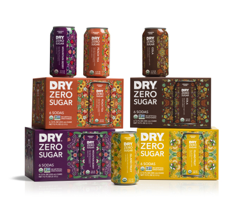 DRY Soda Company, creator of beautifully flavored, lightly sweet sodas, today announced the launch of its second brand, DRY Zero Sugar, a line of sugar-free organic sodas. Available in four bold varieties – Cola, Peach Tea, Mountain Berry and Island Fruit – DRY Zero Sugar organic sodas are lightly sweetened with stevia leaf extract and contain only five to seven ingredients. (Photo: Business Wire)
