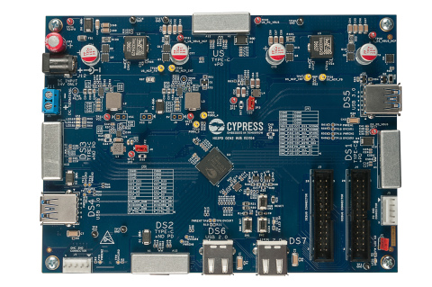 Pictured is the evaluation board for Cypress' EZ-USB HX3PD chip, the industry’s first 7-port USB-C hub controller with USB Power Delivery. (Photo: Business Wire)