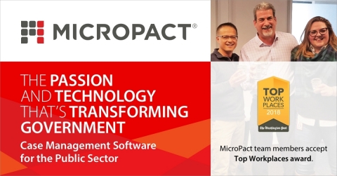 MicroPact Team Members Accept Top Workplaces Award (Graphic: Business Wire)