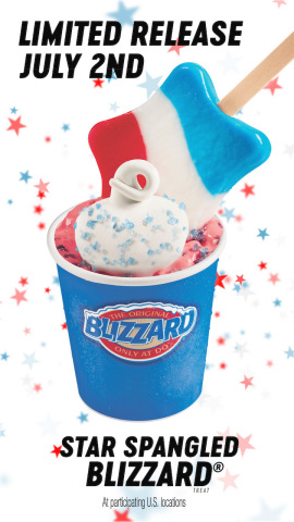The new Star Spangled Blizzard Treat pops in taste and color while offering two signature DQ treats in one. The Star Spangled Blizzard Treat is red, white and blue through and through, with festive rock candy hand-blended with DQ creamy vanilla soft serve, topped with more signature DQ vanilla soft serve with a curl, blue rock candy and finished with a DQ Stars & Stripes StarKiss Frozen Treat. (Photo: Business Wire)