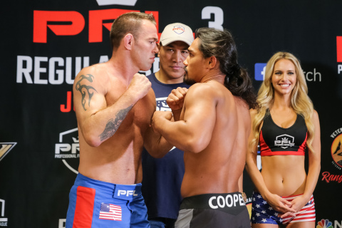 Jake Shields (red and blue shorts) is slated to fight Ray Cooper (black shorts) July 5th at the Smith Center at The George Washington University in Washington, D.C. (Photo: Business Wire)