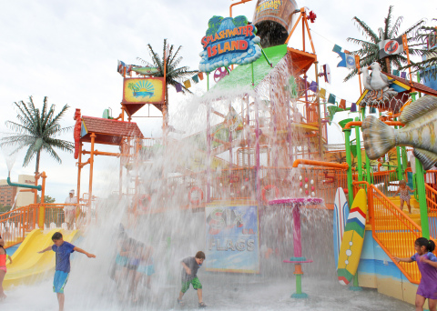 Six Flags Hurricane Harbor Concord opened its biggest new attraction in over a decade on July 6, 2018, Splashwater Island, a colossal water play structure featuring over 100 water play elements including a gigantic tipping bucket to get guests drenched. (Photo: Business Wire)