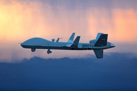 GA-ASI's company-owned MQ-9B SkyGuardian is in flight, bound for Royal Air Force (RAF) Fairford in G ... 
