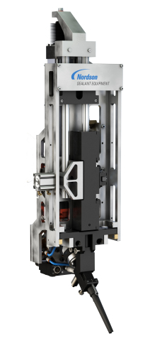 Designed for sealant dispensing applications in aerospace manufacturing, the robot mounted JetStream™ system features an articulating cartridge holder that opens to load and unload pre-mixed cartridges. Its built-in volumetric dispense valve assembly eliminates material supply hoses and increases the accuracy of bead, volume and placement through automation. (Photo: Business Wire)